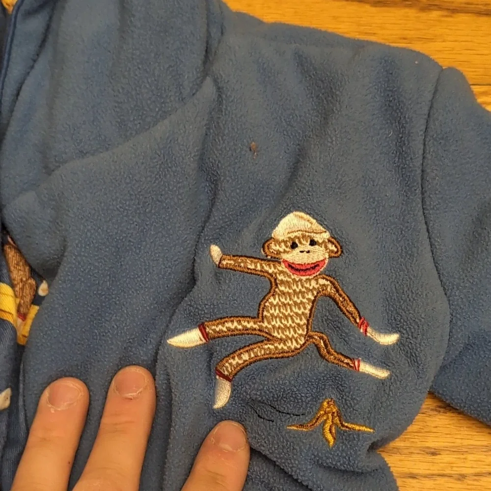 Nick & Nora Sock Monkey Banana Fleece Robe Hooded Blue 12M Baby Toddler